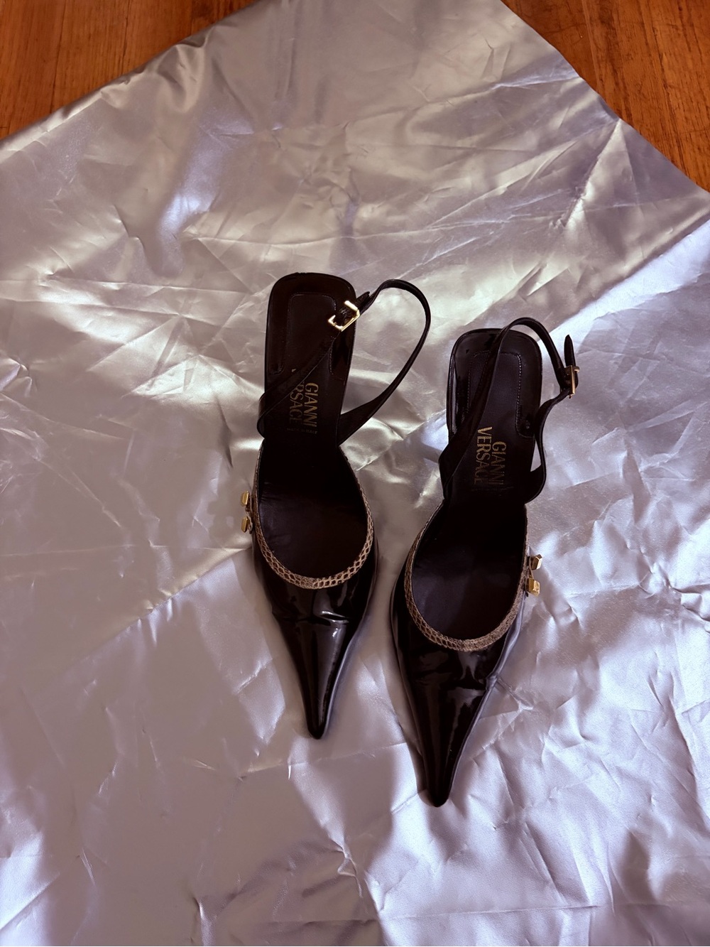 Versace Black Patent Pointed Slingback Pumps with Gold Accent - Picture 10 of 11
